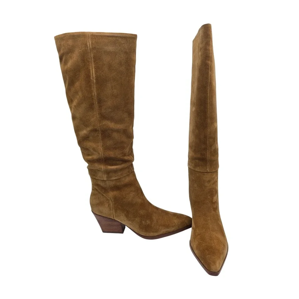 Marc Fisher Tarrie Tall Boots Womens 8 Tan Suede Pointed‎ Toe Western Block Heel